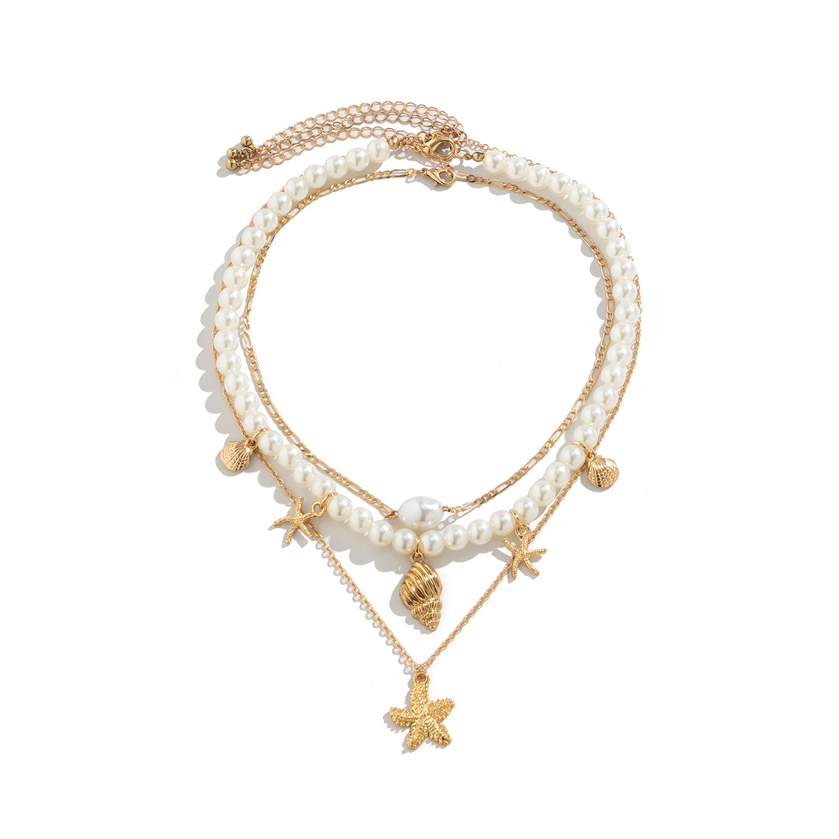 woman Pearl Necklaces Set gold starfish and shell