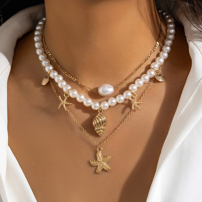 woman Pearl Necklaces Set gold starfish and shell