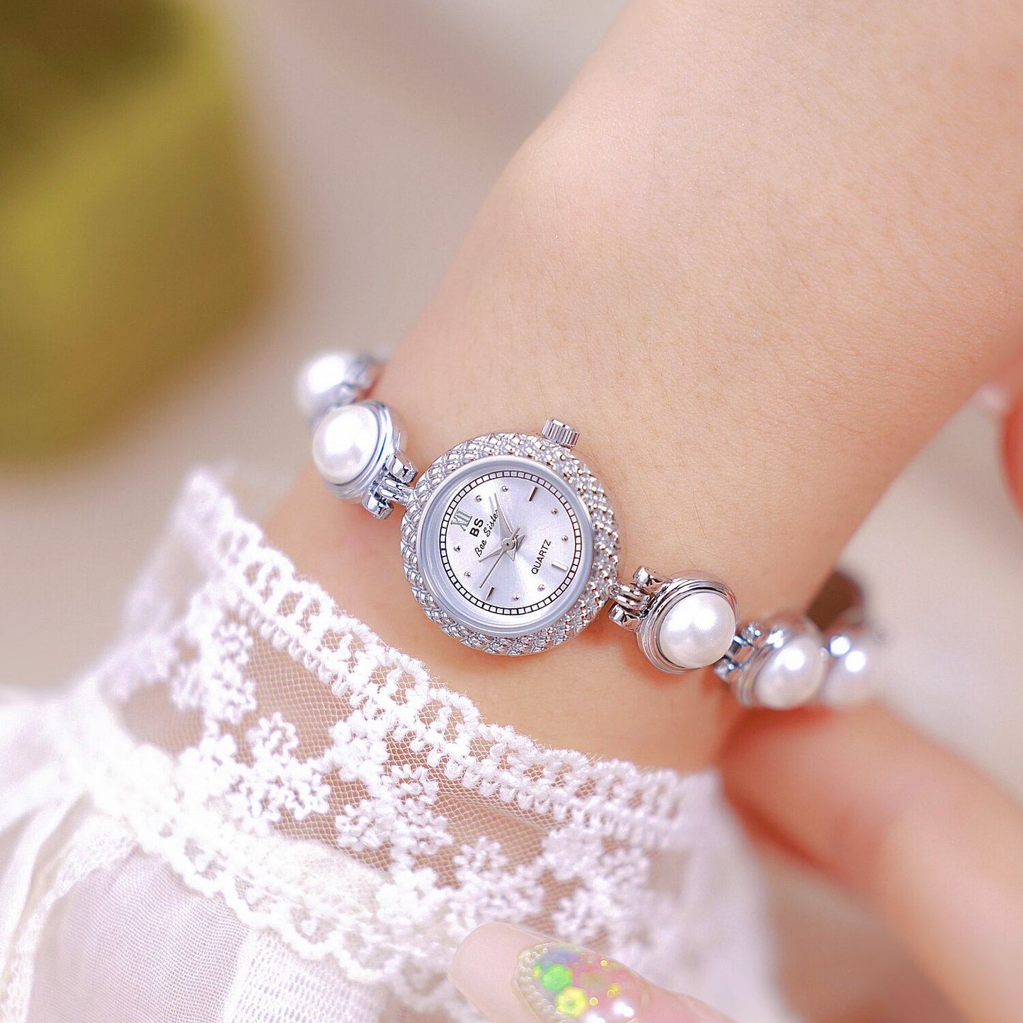 ladies pearls bracelet watch silver