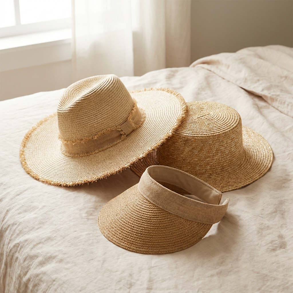 Three Bianca Boutique sun hats arranged on pale linen