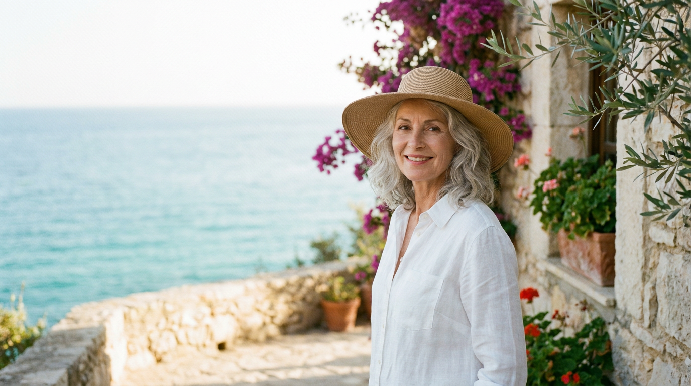 Woman in wide-brim straw sun hat on a Mediterranean terrace