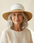 Elba Packable Straw Hat worn by a model